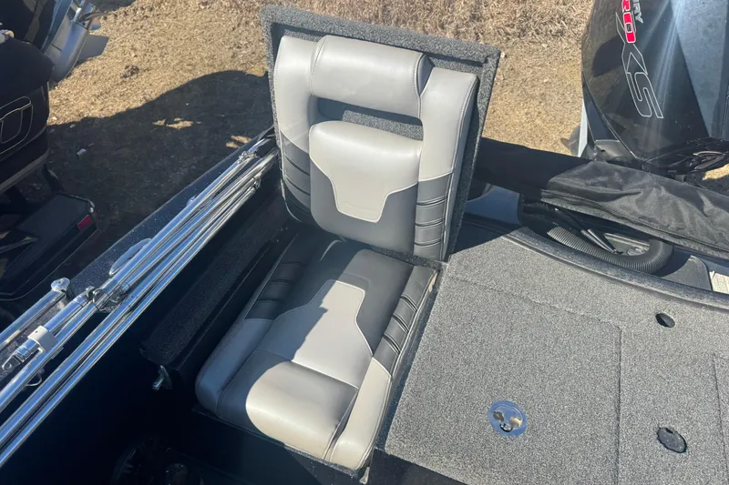 Slide: The Image of 2021 Nitro ZV19 Sport boat seat with gray upholstery and storage compartment. - 11