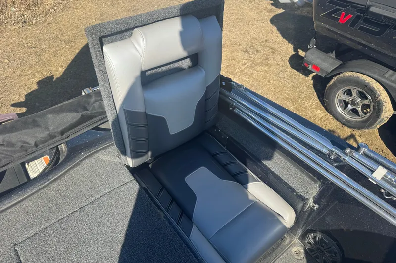 Slide: The Image of 2021 Nitro ZV19 Sport boat seat with gray and black upholstery. - 12