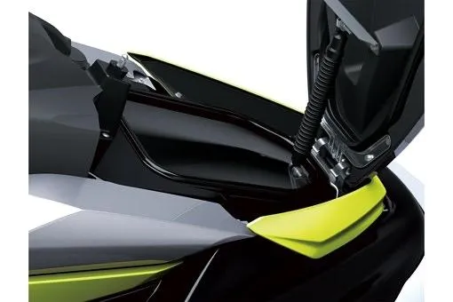 Slide: The Image of 2026 Kawasaki ST 160X jet ski with open storage compartment, showcasing sleek design and vibrant colors. - 8