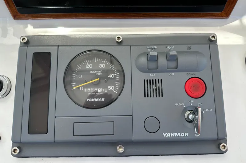 Slide: The Image of Control panel of a 1987 Kadey-Krogen Manatee 36 with Yanmar engine gauges. - 58