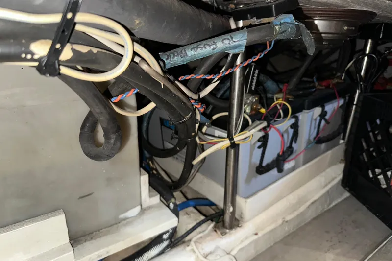 Slide: The Image of Wiring and battery setup in a 1987 Kadey-Krogen Manatee 36 boat. - 93