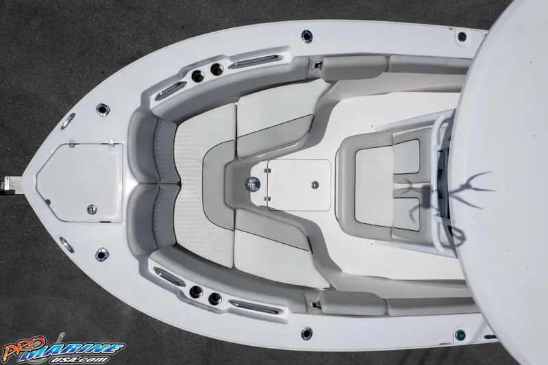 Slide: The Image of Top view of 2021 Sea Fox 228 Commander boat interior, showcasing seating and deck layout. - 45
