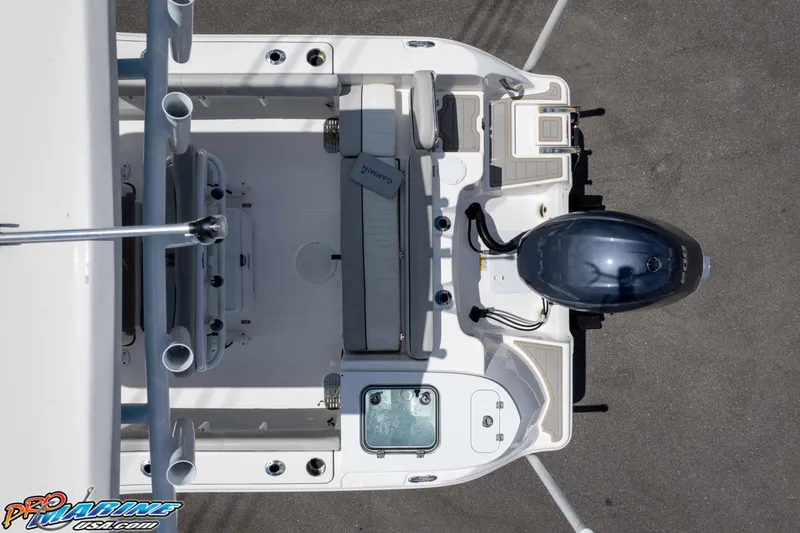 Slide: The Image of Top view of 2021 Sea Fox 228 Commander boat with outboard motor and seating. - 46