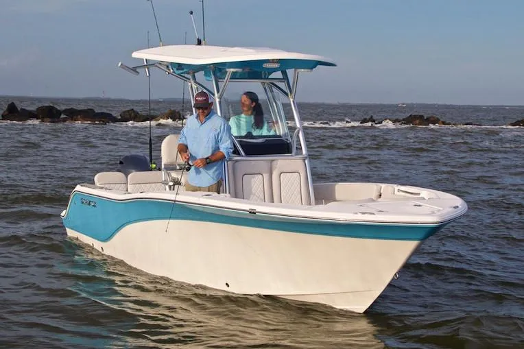 Slide: The Image of Manufacturer Provided Image: 2021 Sea Fox 228 Commander boat on the water with two people fishing. - 49
