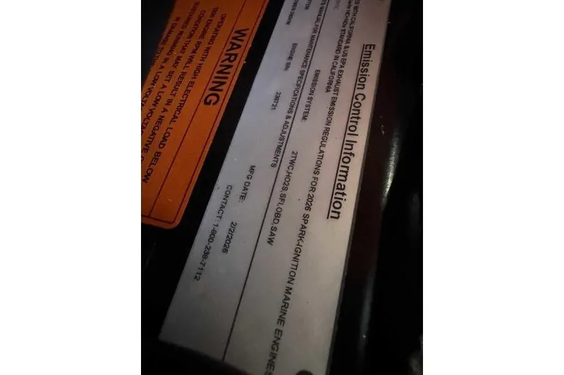 Slide: The Image of Emission control label for 2026 Supra SL, detailing spark ignition marine engine specifications. - 14