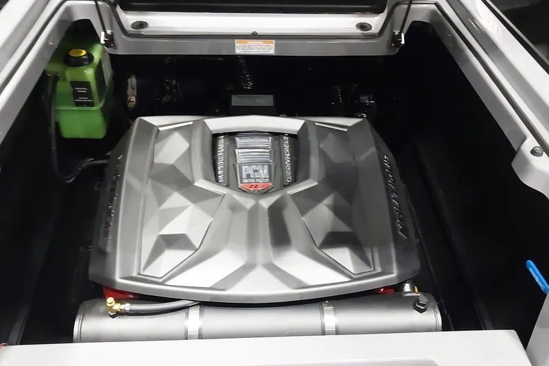 Slide: The Image of 2025 Nautique Super Air Nautique G23 Paragon engine compartment showcasing PCM engine. - 16