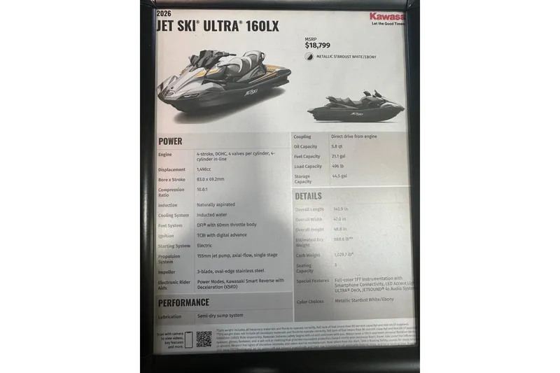 Slide: The Image of 2026 Kawasaki ULTRA 160LX Jet Ski specifications and features, including engine details and dimensions. - 8