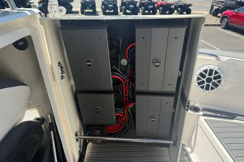 Slide: The Image of Electrical system inside a 2025 Robalo R180 Center Console boat, showcasing wiring and components. - 31