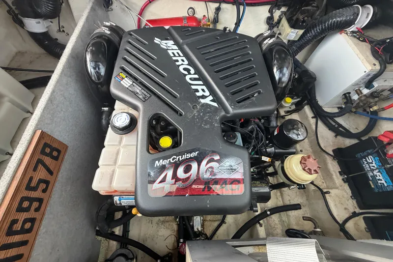 Slide: The Image of Engine compartment of a 2005 Sea Ray Sundancer 280 with MerCruiser 496 MAG engine. - 28