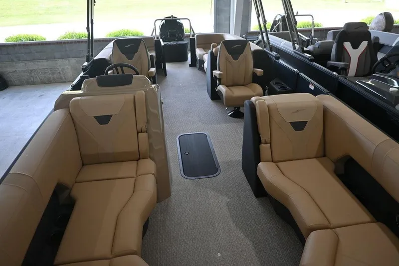 Slide: The Image of Luxurious interior of 2026 Evotti 523QL boat with tan seating and modern design. - 14
