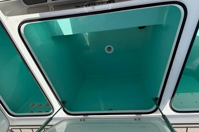 Slide: The Image of Open storage compartment on 2024 BlackJack 256 Bay boat, featuring teal interior. - 15