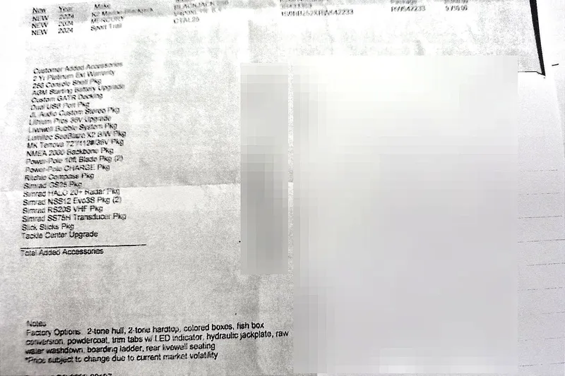 Slide: The Image of A printed document listing specifications and pricing for a 2024 BlackJack 256 Bay boat. - 30