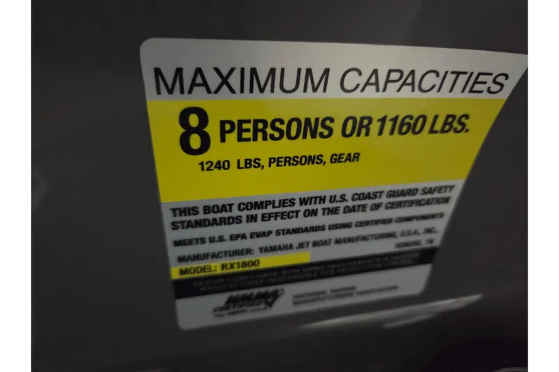 Slide: The Image of 2015 Yamaha Boats SX190 capacity label, maximum 8 persons or 1160 lbs. - 12