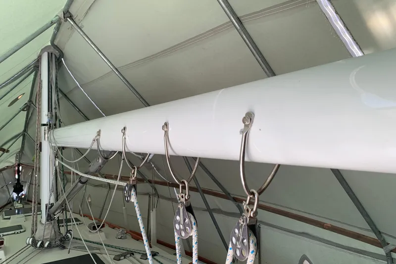 Slide: The Image of Close-up of rigging on a 1984 Sabre 38 sailboat under a protective cover. - 19