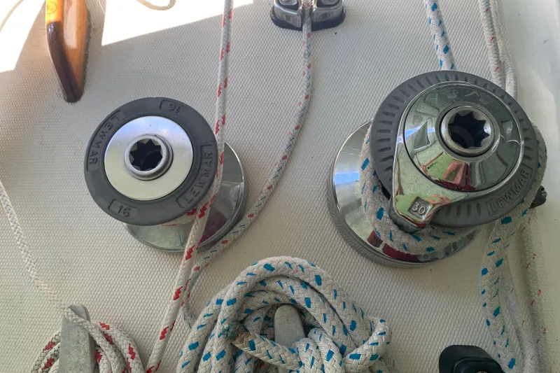 Slide: The Image of Winches and ropes on a 1984 Sabre 38 sailboat deck. - 23