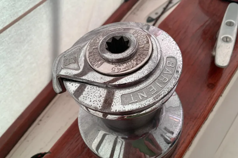 Slide: The Image of Close-up of a 1984 Sabre 38 sailboat winch with "Barient" branding. - 26