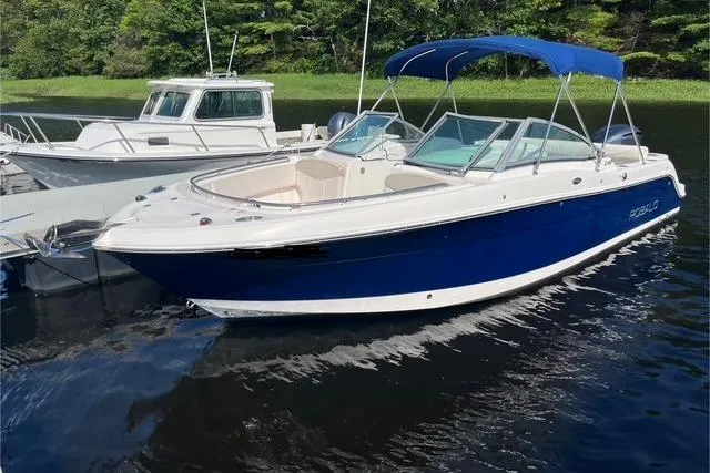 The Image of 2016 Robalo R247 Dual Console boat docked on calm water with blue canopy. - 0