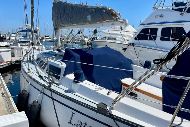 Slide: The Image of 1979 Catalina 38 sailboat docked at marina, covered with blue tarps. - 11