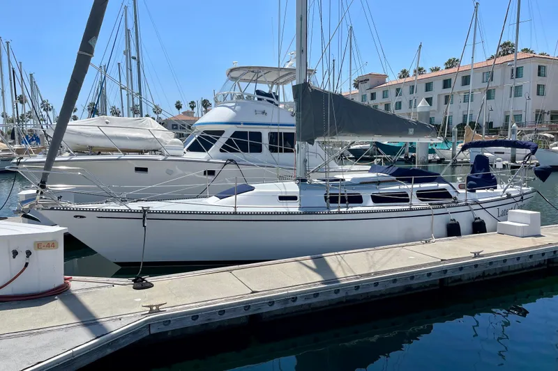 The Image of 1979 Catalina 38 sailboat docked at marina, clear sky, calm water, nearby yachts. - 2