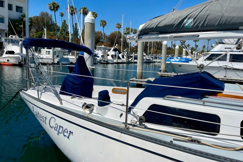 Slide: The Image of 1979 Catalina 38 sailboat docked in marina with palm trees and clear blue sky. - 9
