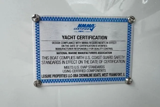 Slide: The Image of Yacht certification plaque for 2025 Crownline 280 SS, NMMA certified, U.S. Coast Guard compliant. - 14
