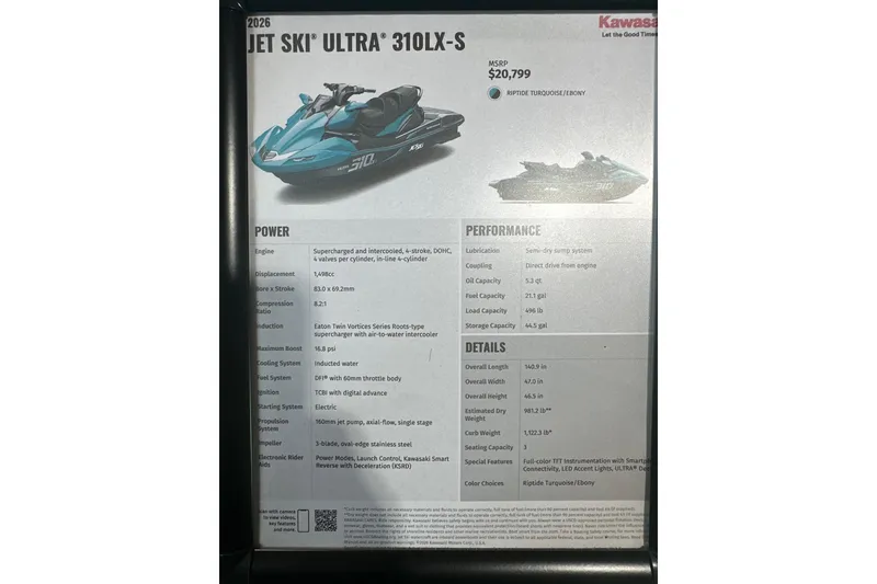 Slide: The Image of 2026 Kawasaki Jetski Ultra 310LX-S specifications and features, MSRP $20,799, Riptide Turquoise/Ebony. - 9