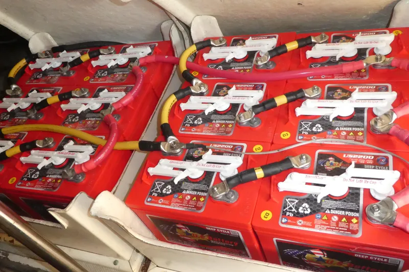 Slide: The Image of Battery setup in 1989 Angel Pilothouse boat, featuring multiple red deep cycle batteries. - 39