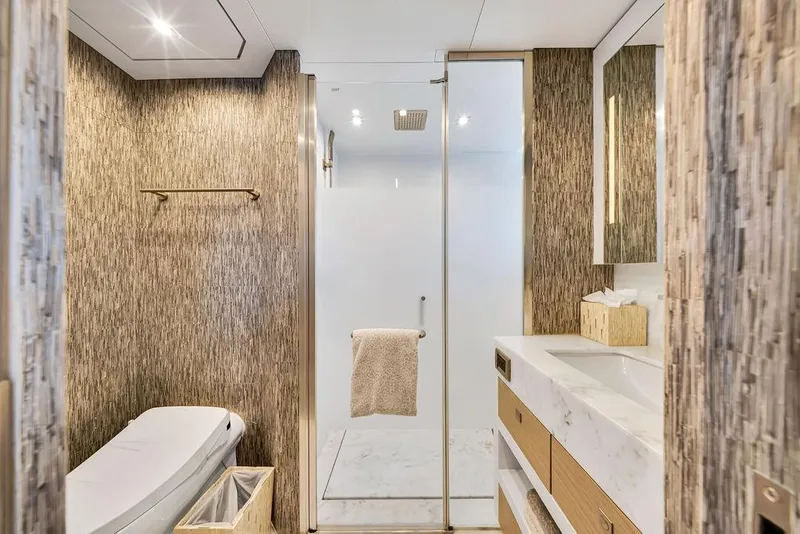 Slide: The Image of Luxurious bathroom in 2020 Hargrave C92 yacht with modern fixtures and elegant design. - 111