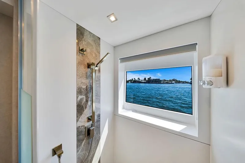 Slide: The Image of Luxurious Hargrave C92 yacht bathroom with ocean view, modern shower, and elegant design, 2020 model. - 123