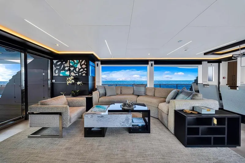 Slide: The Image of Luxurious interior of 2020 Hargrave C92 yacht with ocean view and modern furnishings. - 56
