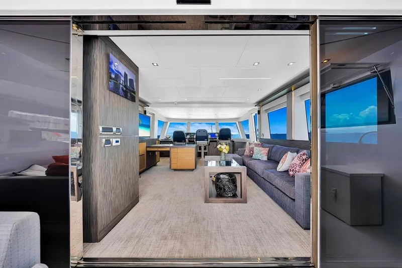 Slide: The Image of Luxurious interior of 2020 Hargrave C92 yacht with modern furnishings and ocean views. - 78
