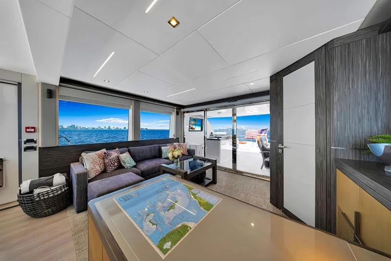 Slide: The Image of Luxurious interior of 2020 Hargrave C92 yacht with ocean view and modern furnishings. - 81