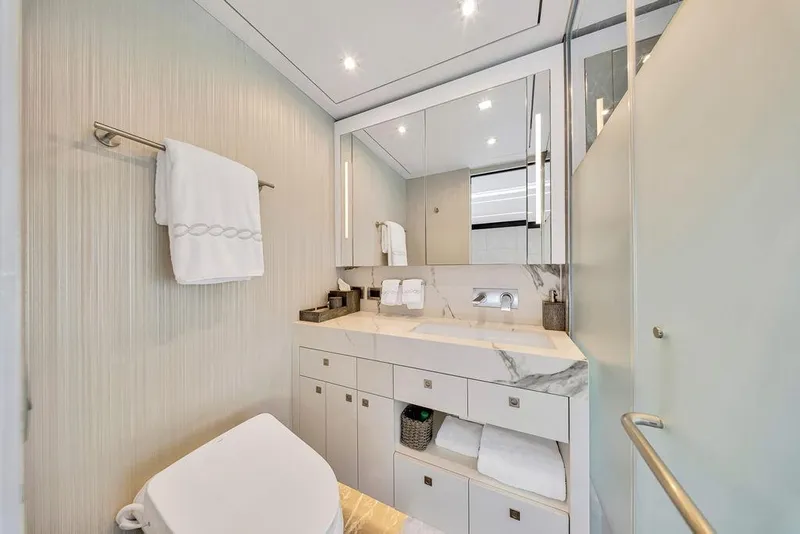 Slide: The Image of Luxurious bathroom on 2020 Hargrave C92 yacht with modern fixtures and elegant design. - 99