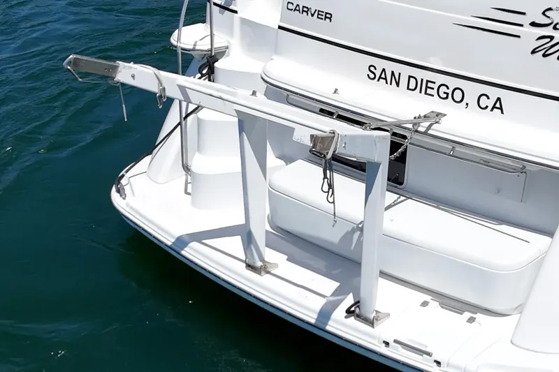 Slide: The Image of 2002 Carver 396 Motor Yacht docked in San Diego, CA, rear view. - 11