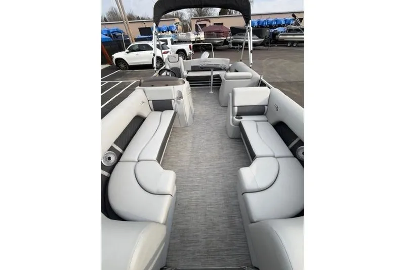 Slide: The Image of 2021 Bennington 22 SSBX pontoon boat interior with spacious seating and modern design. - 8
