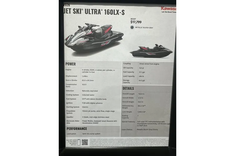 Slide: The Image of 2026 Kawasaki ULTRA 160 LX-S Jet Ski specifications and features displayed on a poster. - 10