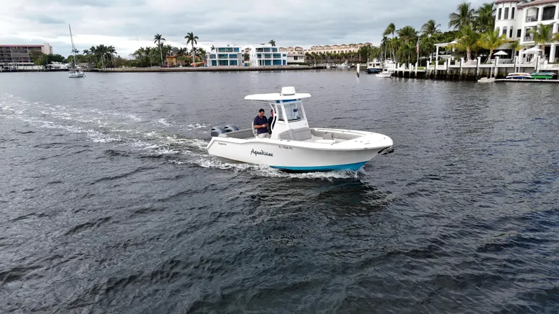 Slide: The Image of 2017 Tidewater 252 LXF boat cruising on a scenic waterway. - 11