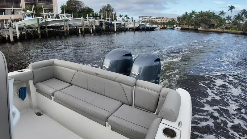 Slide: The Image of 2017 Tidewater 252 LXF boat with dual engines on a scenic waterway. - 17