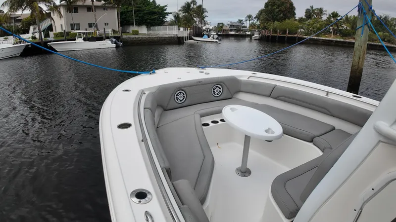 Slide: The Image of 2017 Tidewater 252 LXF boat with seating area and table on calm water. - 25