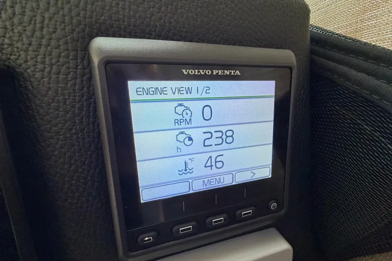 Slide: The Image of Volvo Penta engine display on 2019 Cutwater C-28, showing RPM, hours, and temperature. - 9
