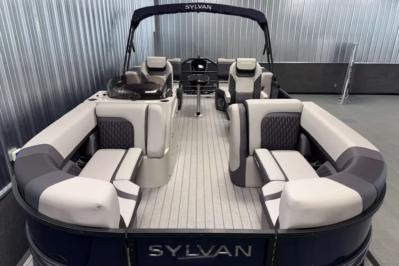 Slide: The Image of 2026 Sylvan L1 LZ pontoon boat with luxurious seating and modern design. - 2