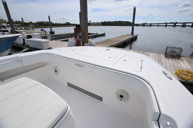 Slide: The Image of 2020 Invincible 35 Catamaran docked, showcasing spacious deck and storage compartments. - 31