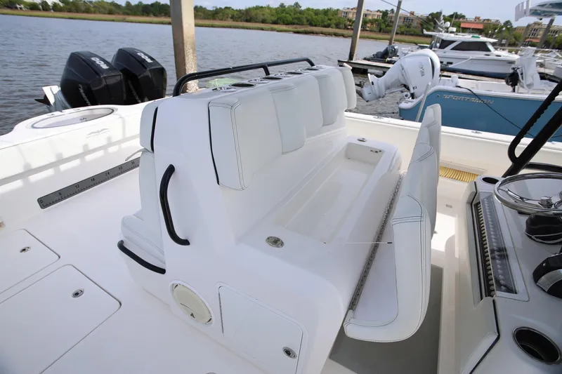 Slide: The Image of 2020 Invincible 35 Catamaran interior with seating and dual outboard motors. - 41
