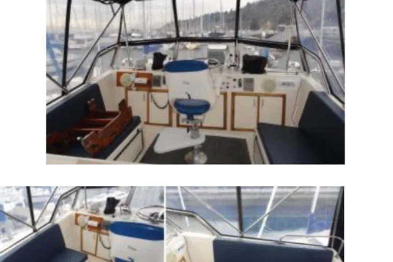 Slide: The Image of 1972 Hatteras 38 Double Cabin yacht interior with helm and seating area. - 15