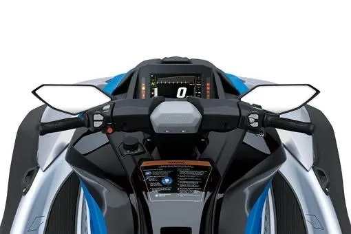 Slide: The Image of 2026 Kawasaki Jetski STX 160X dashboard view with digital display and handlebars. - 11