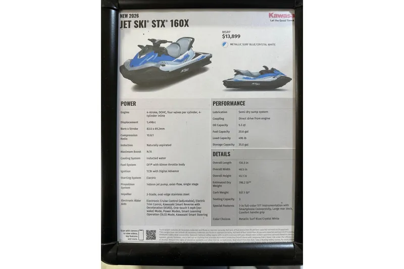 Slide: The Image of 2026 Kawasaki Jetski STX 160X specifications and features, including power, performance, and details. - 17