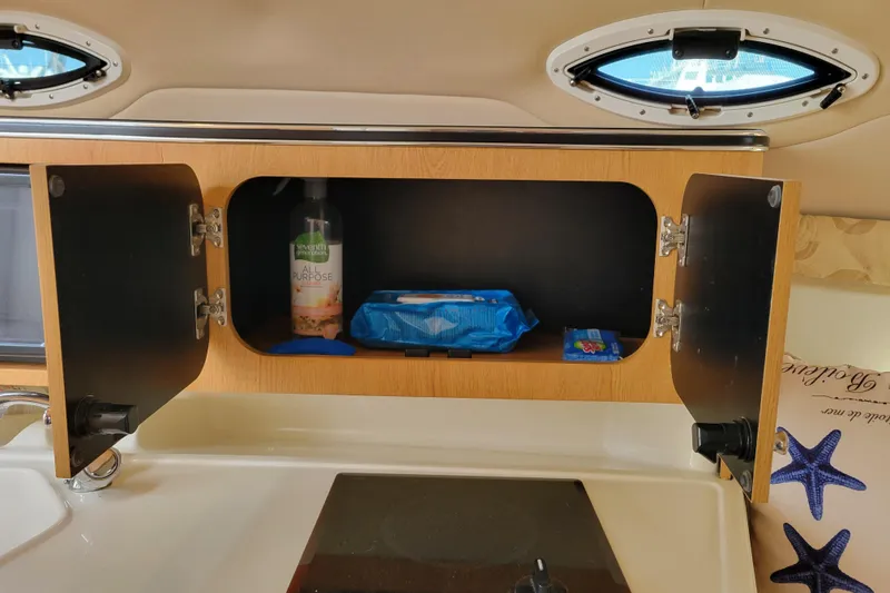 Slide: The Image of Open cabinet in 2007 Stingray 250 CS boat with cleaning supplies inside. - 27