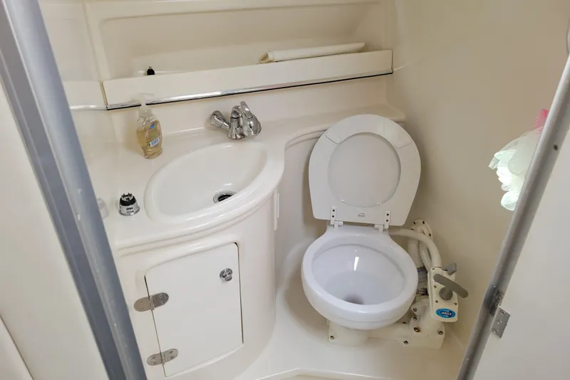 Slide: The Image of Compact bathroom in a 2007 Stingray 250 CS boat with sink and toilet. - 31
