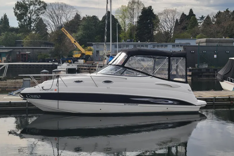 Slide: The Image of 2007 Stingray 250 CS boat docked at marina with scenic background. - 5