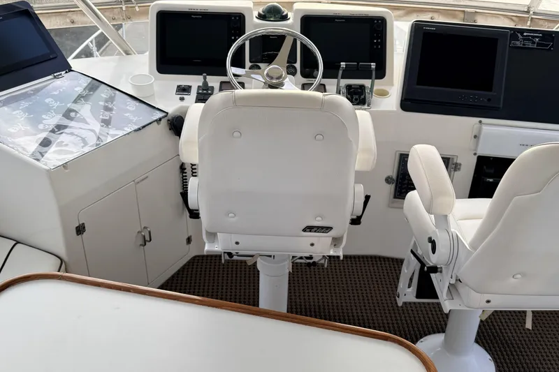 Slide: The Image of 2003 Mikelson Sportfisher helm with modern navigation equipment and white captain's chairs. - 23
